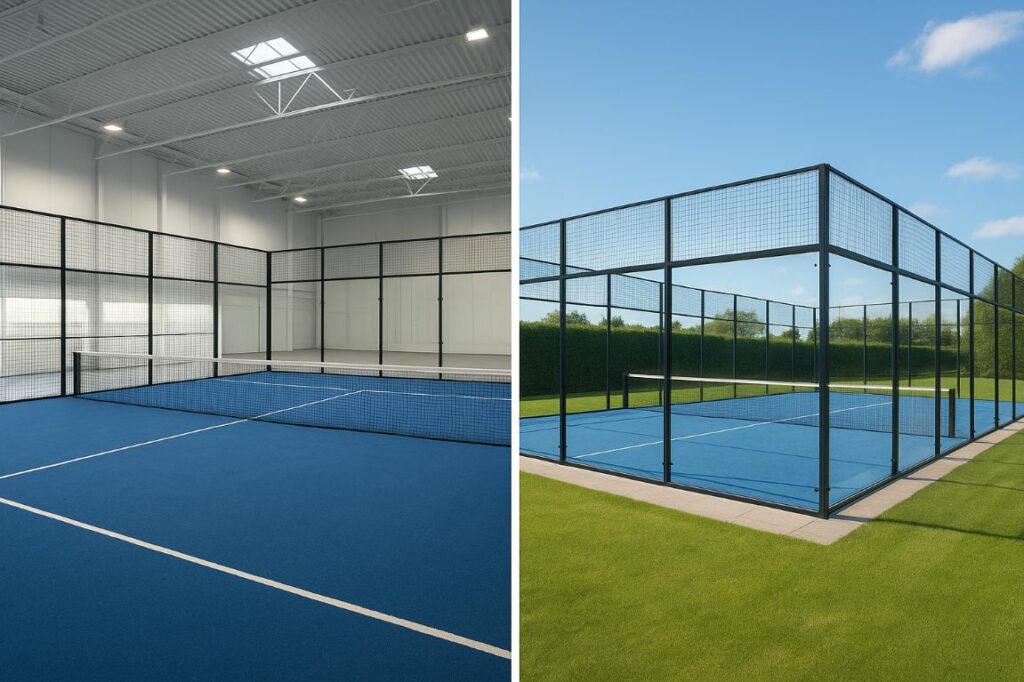 errains de padel intérieurs et extérieurs, équipés de parois vitrées et entourés d’un espace sportif.