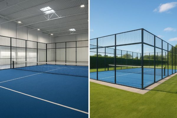 Jouez au Padel : Terrains Intérieurs et Extérieurs de Qualité errains de padel intérieurs et extérieurs, équipés de parois vitrées et entourés d’un espace sportif.
